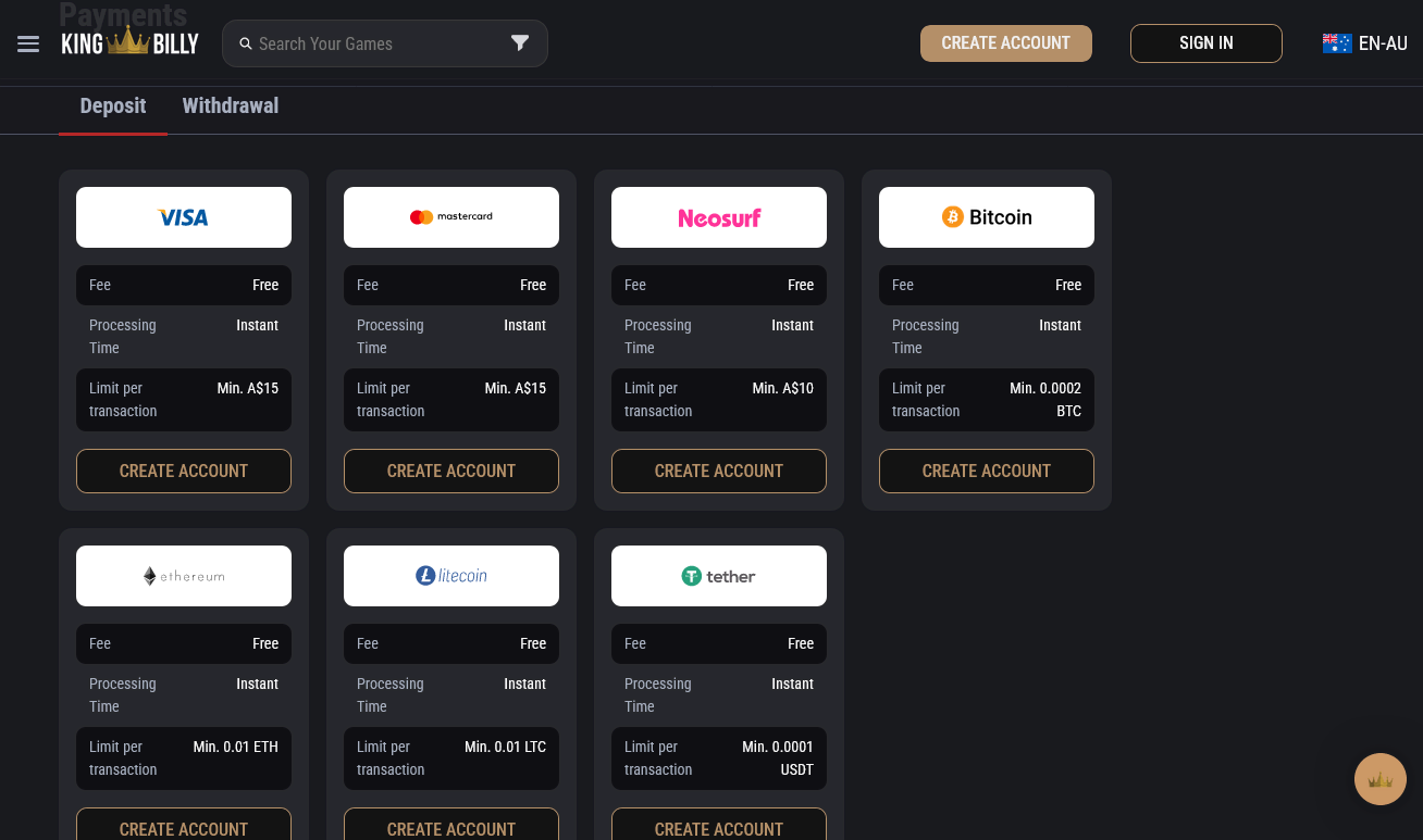 Screen of payment methods at King Billy casino