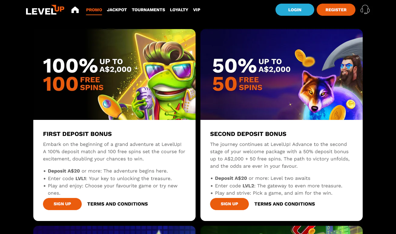 Bonus section on the Level Up Casino website